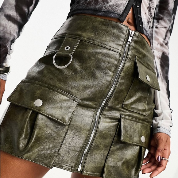 Asos Design - Khaki Leather Mini Skirt, Size 2 - Picture 2 of 3